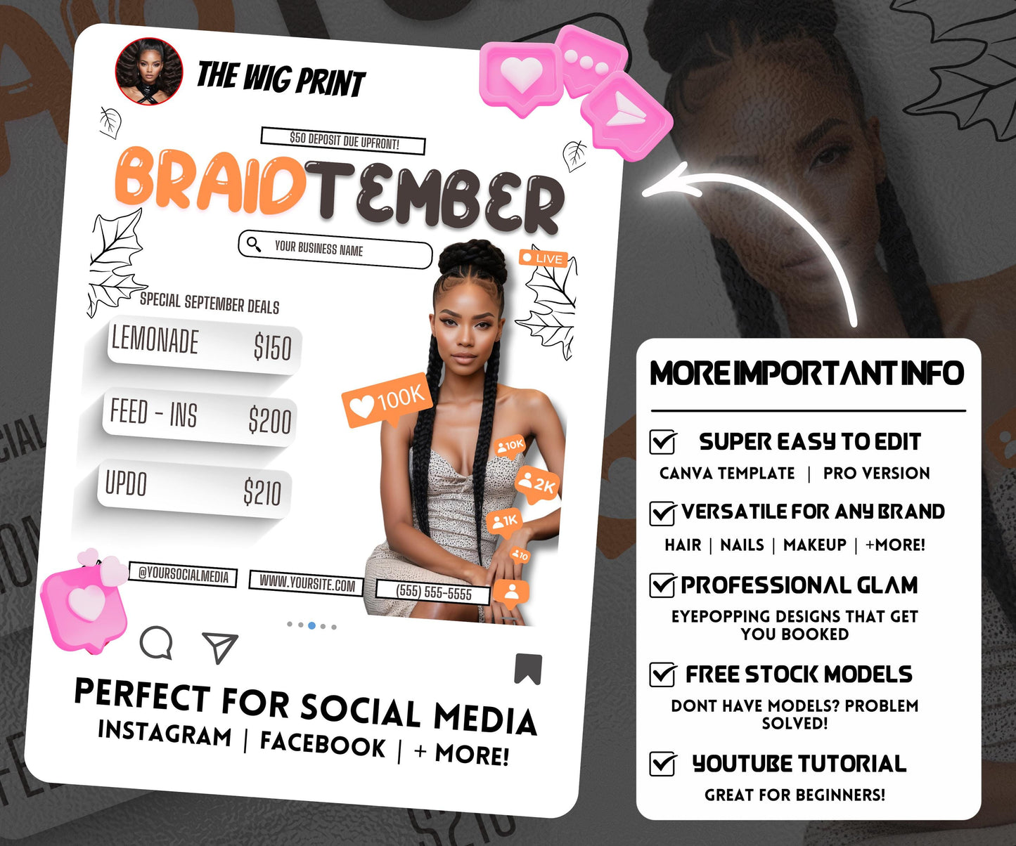 BraidTember | Braider Flyer | Canva Template | Beauty Flyer | Braid Promo | Customizable | September Flyer | September Specials