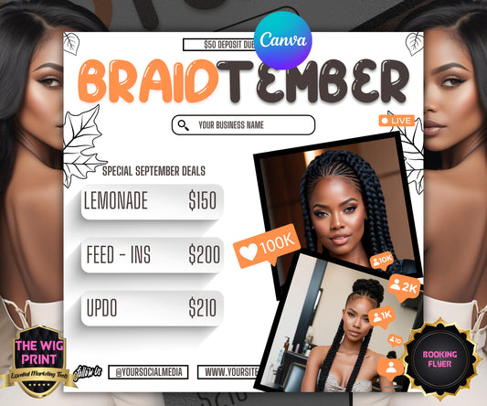 BraidTember | Braider Flyer | Canva Template | Beauty Flyer | Braid Promo | Customizable | September Flyer | September Specials