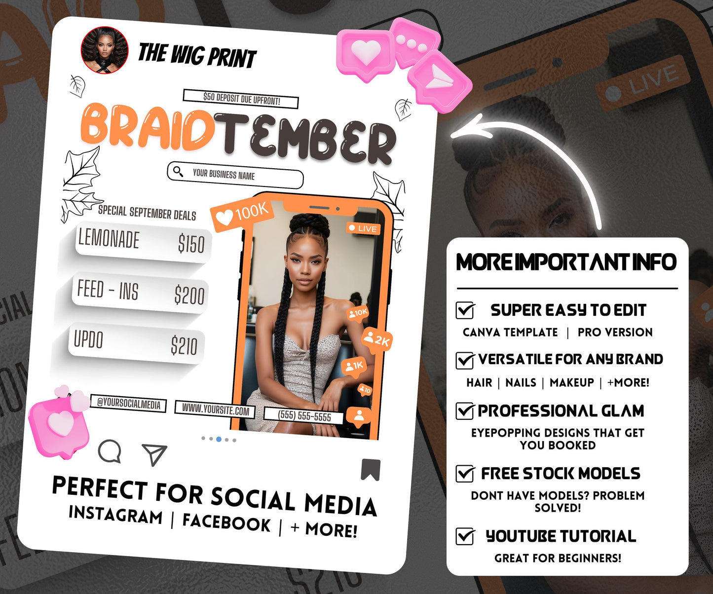 BraidTember | Braider Flyer | Canva Template | Beauty Flyer | Braid Promo | Customizable | September Flyer | September Specials