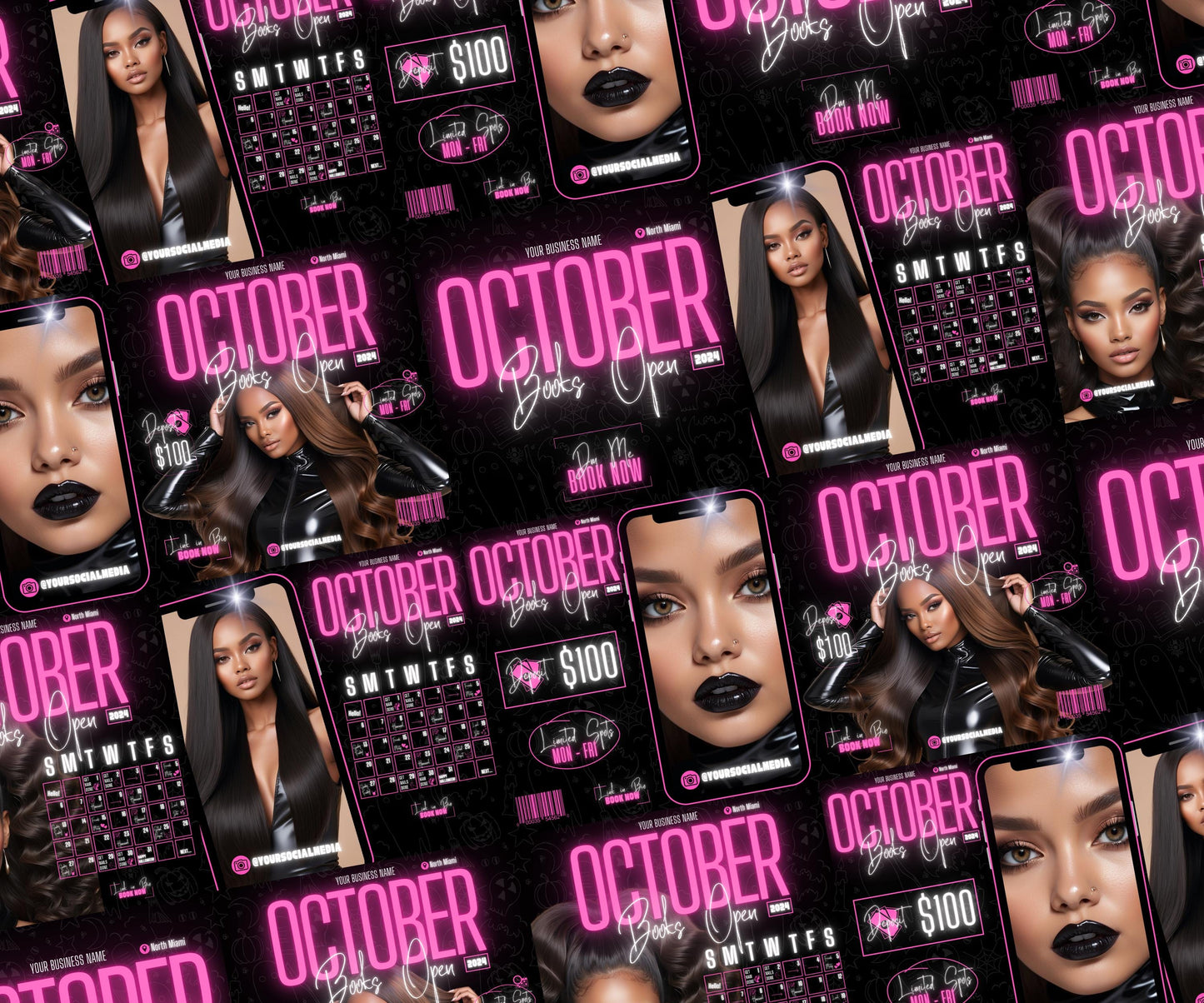 5 Neon Flyers | October Booking Flyers | Pink Theme