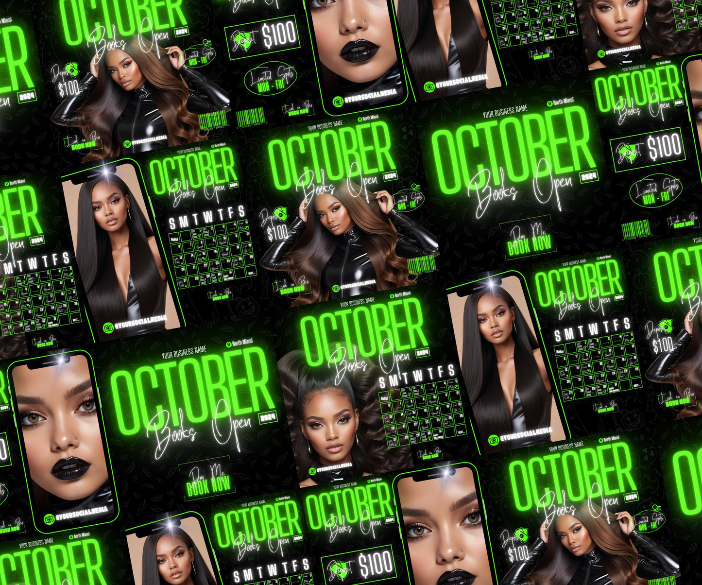 5 Neon Flyers | October Booking Flyers | Green Theme