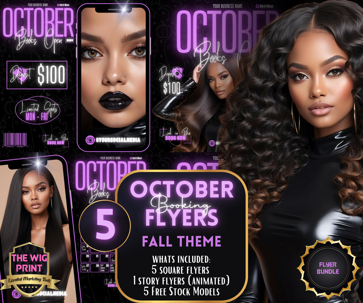 5 Neon Flyers | October Booking Flyers | Purple Theme