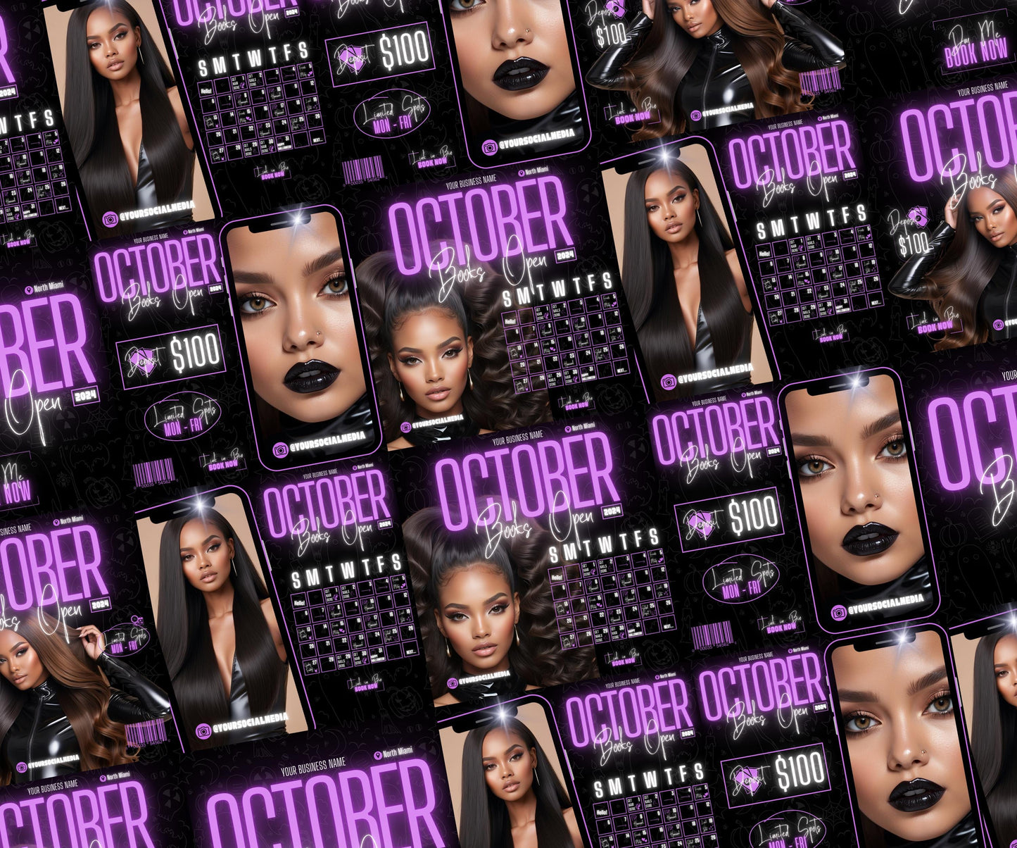 5 Neon Flyers | October Booking Flyers | Purple Theme