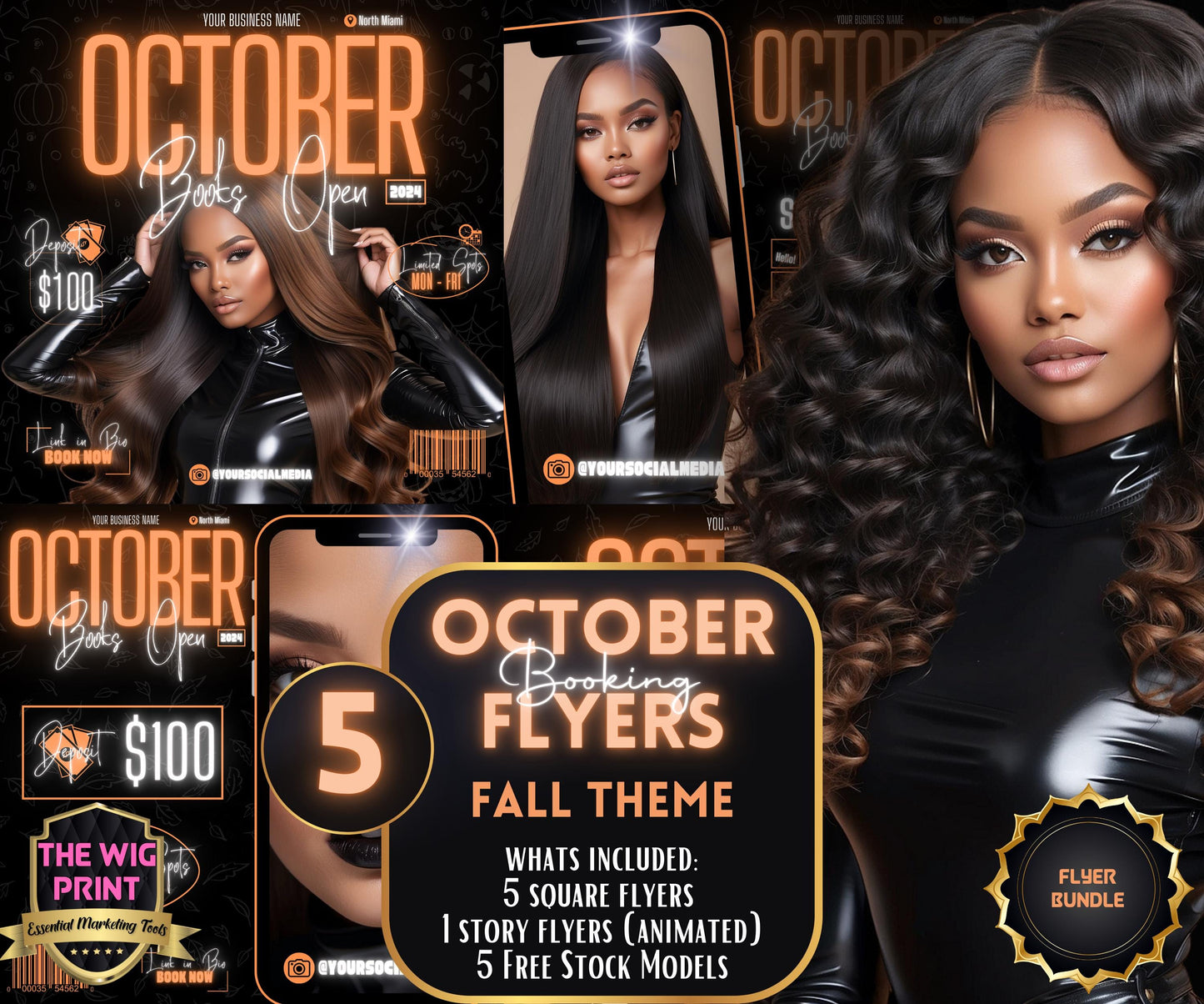 5 Neon Flyers | October Booking Flyers | Orange Theme