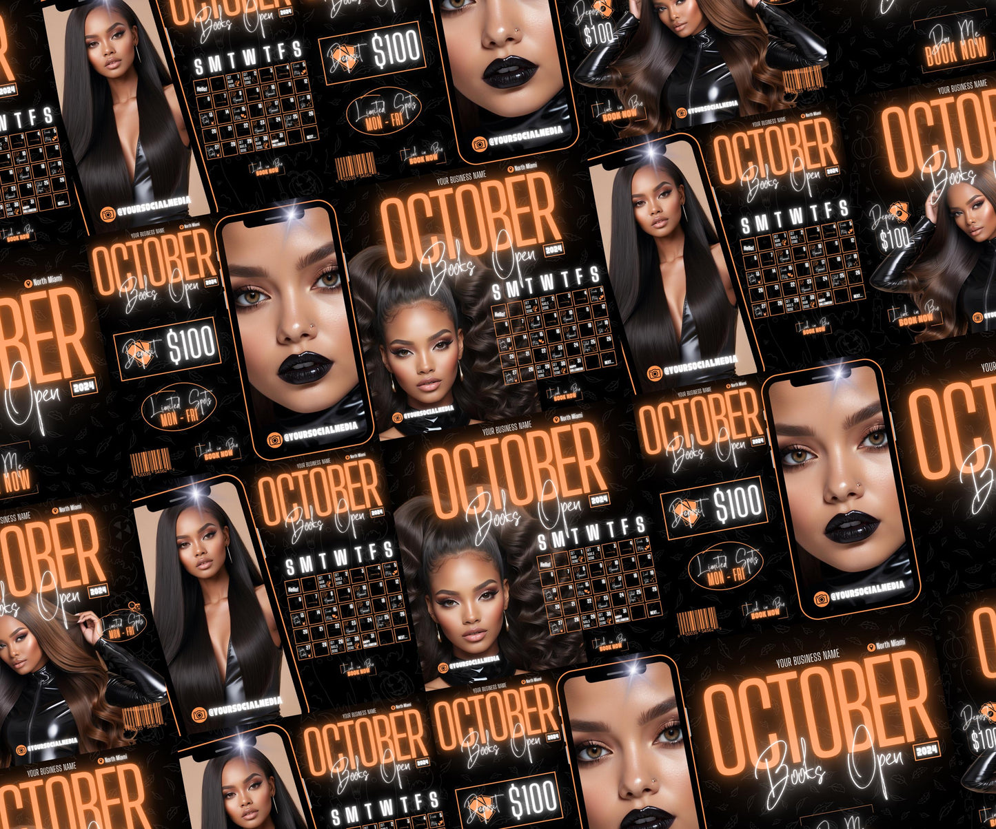 5 Neon Flyers | October Booking Flyers | Orange Theme