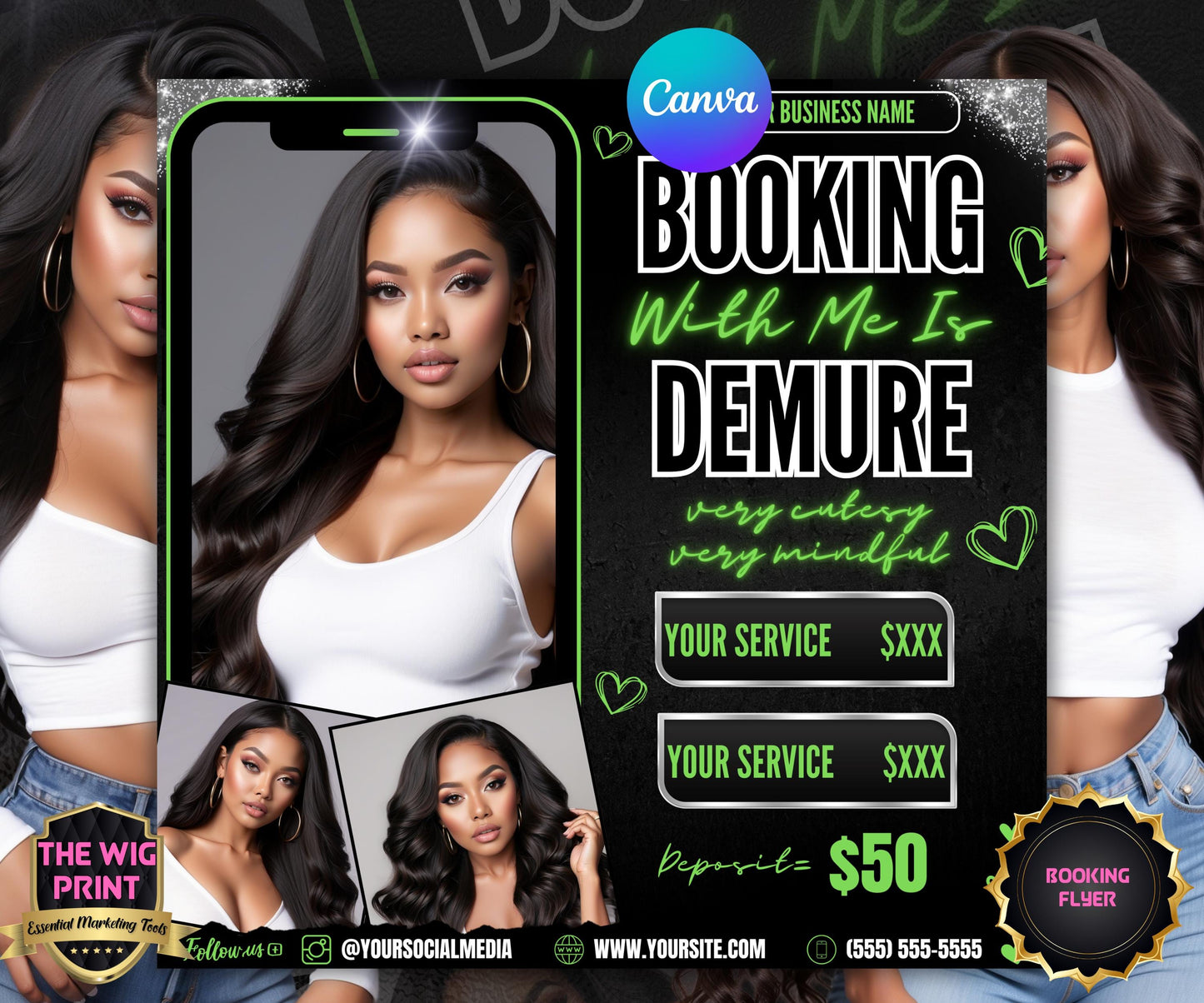 Very Demure | Beauty Flyer | Hair Stylist | Nail Tech | Lash Tech | Braids | Wig Maker | Canva Template | Neon Flyer | Beauty Services